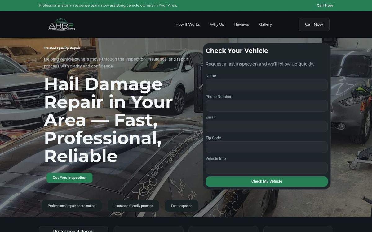 Screenshot of the Auto Hail Repair Pro website homepage
