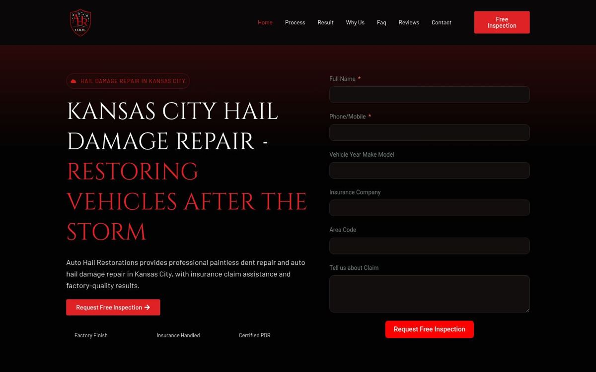 Screenshot of the Auto Hail Restorations website homepage
