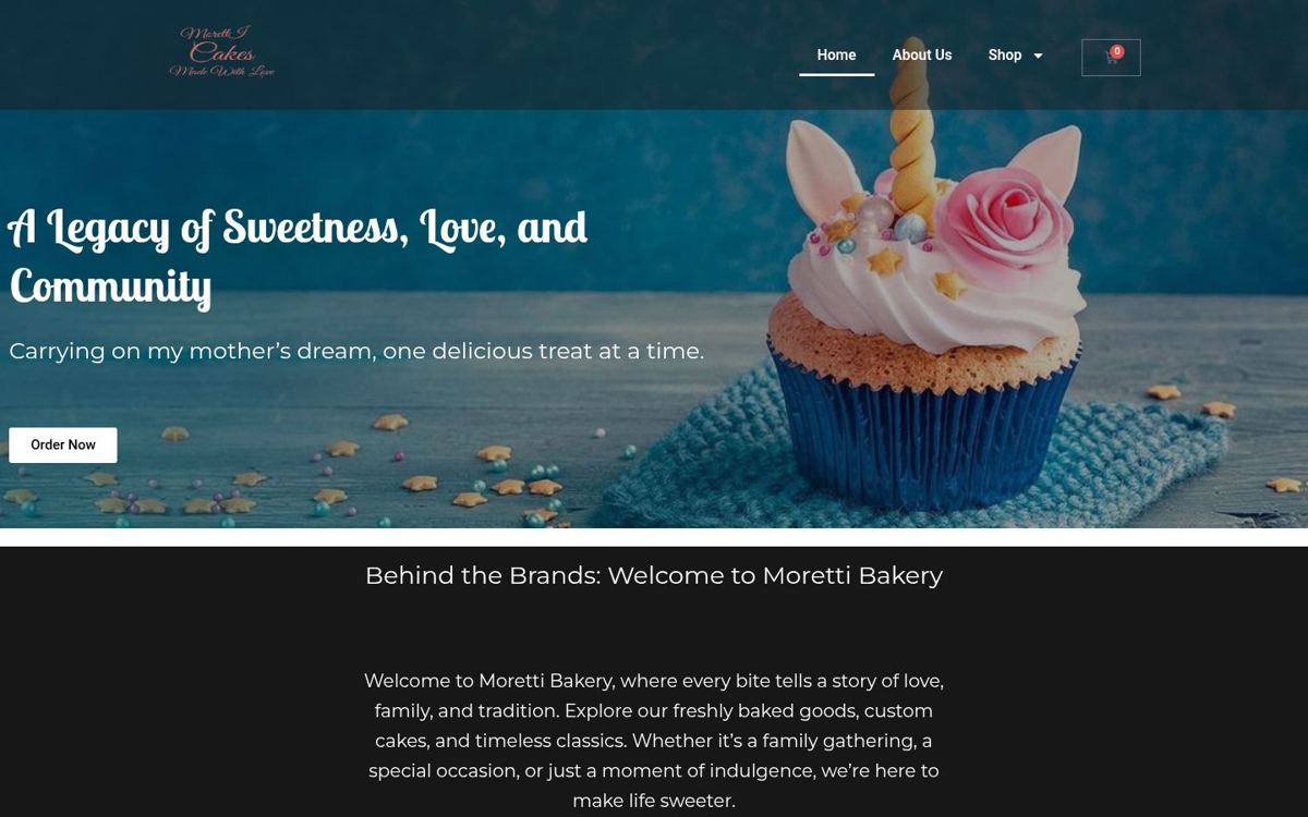 Screenshot of the Moretti Cakes website homepage